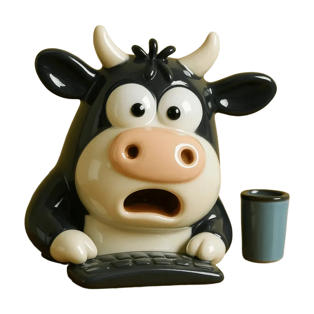 Statuetta di mucca in ceramica, occhi cartoon, intenta a digitare su una tastiera