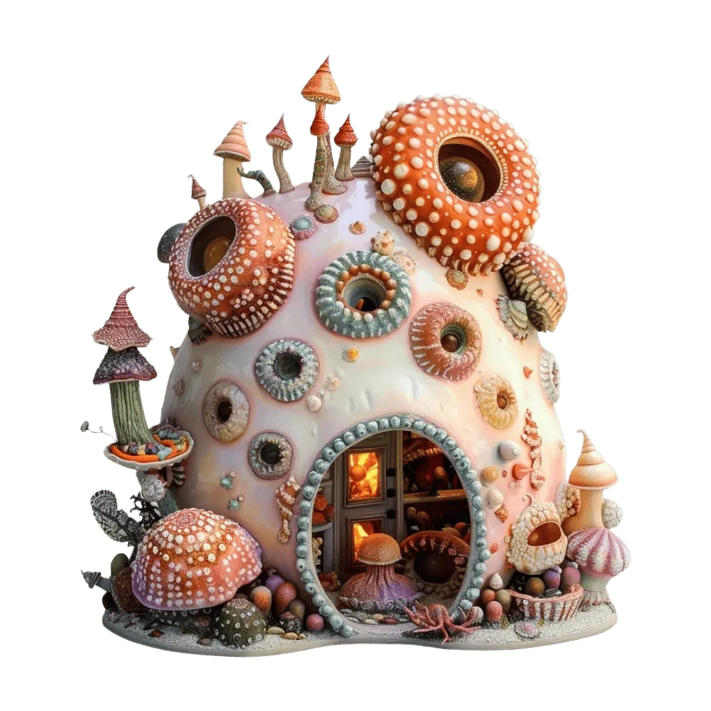 Fantasy gombaház, koralldíszítéssel, meleg, ragyogó belső térrel