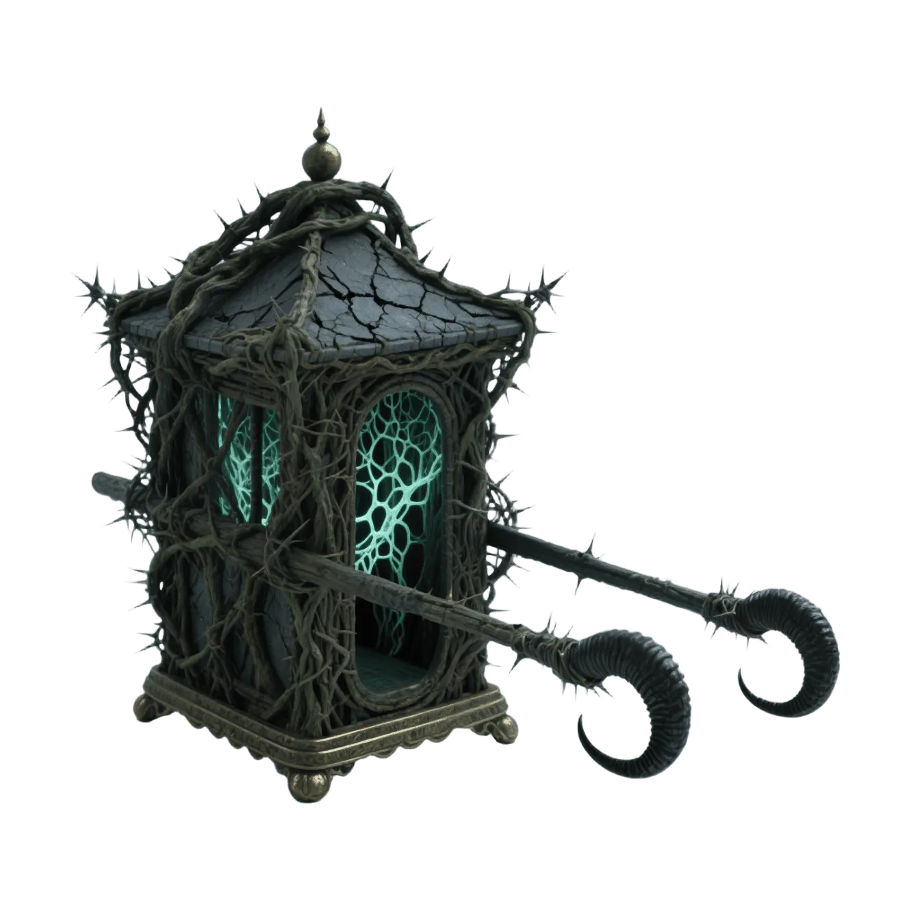 Kiệu đèn Gothic, dây leo gai, cửa sổ phát sáng cyan, phong cách fantasy u tối