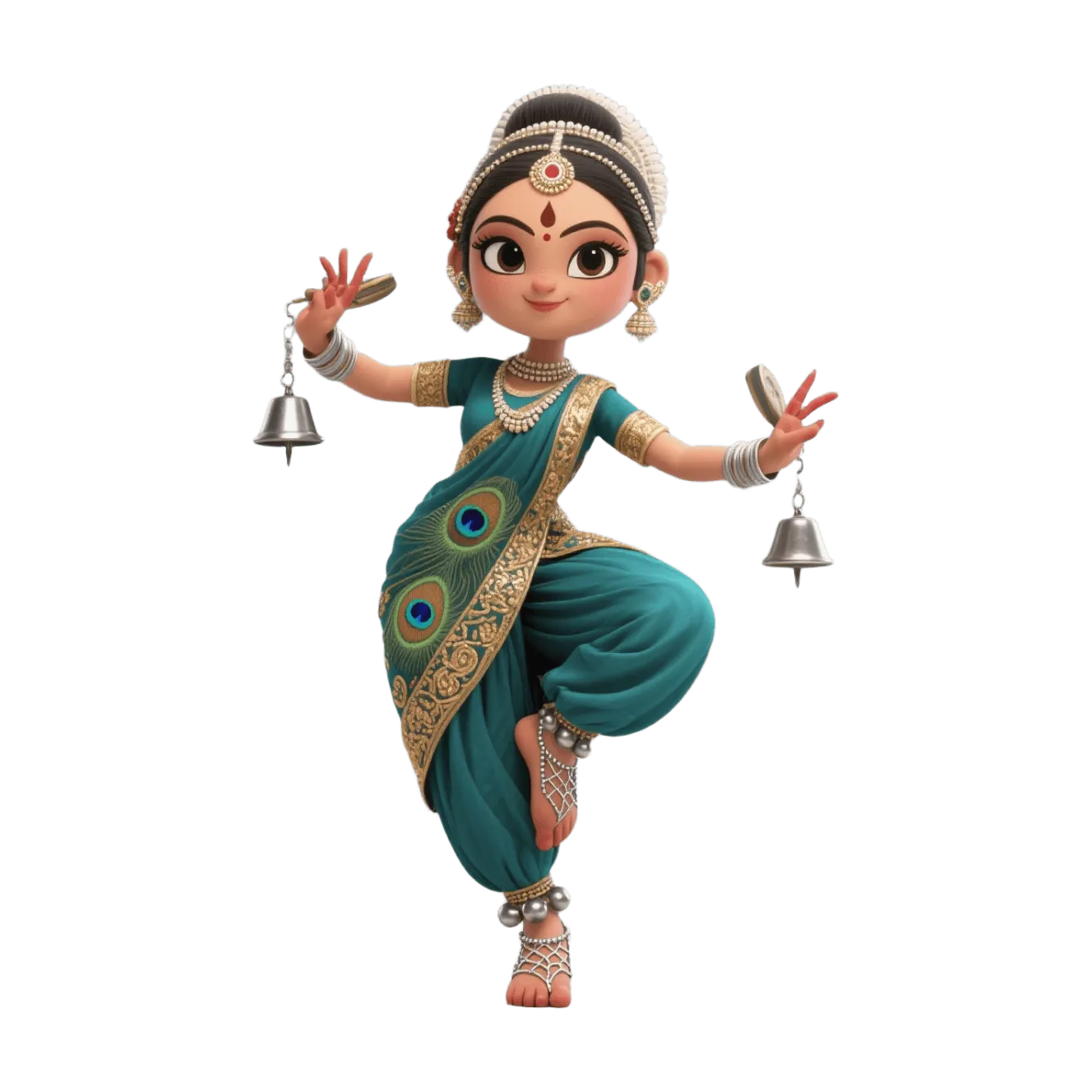 Danzatrice classica indiana chibi, sari color ottanio con motivo di pavone, campanelli d’argento, posa bharatanatyam