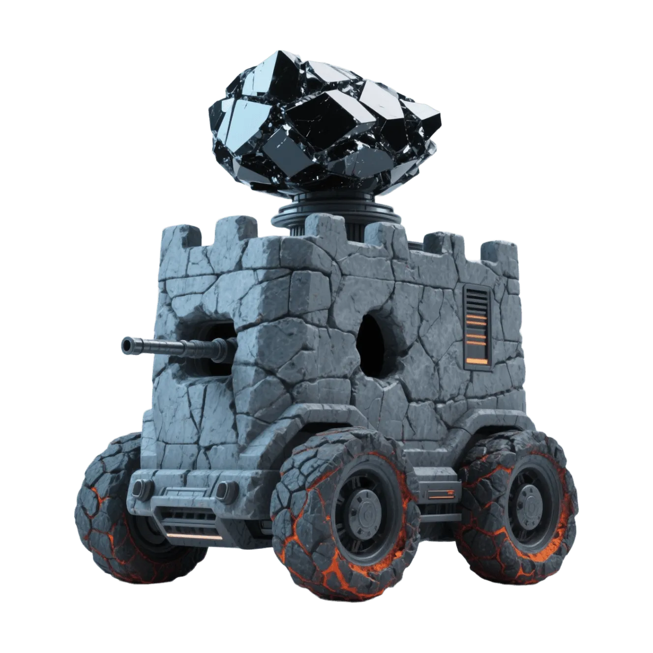 Carro armato-fortezza in pietra, torretta in cristallo nero, ruote crepate dalla lava, assedio fantasy