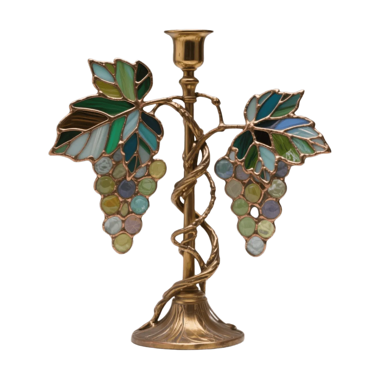 Chân nến bằng đồng thau, chùm nho kính màu, dây leo phong cách Art Nouveau
