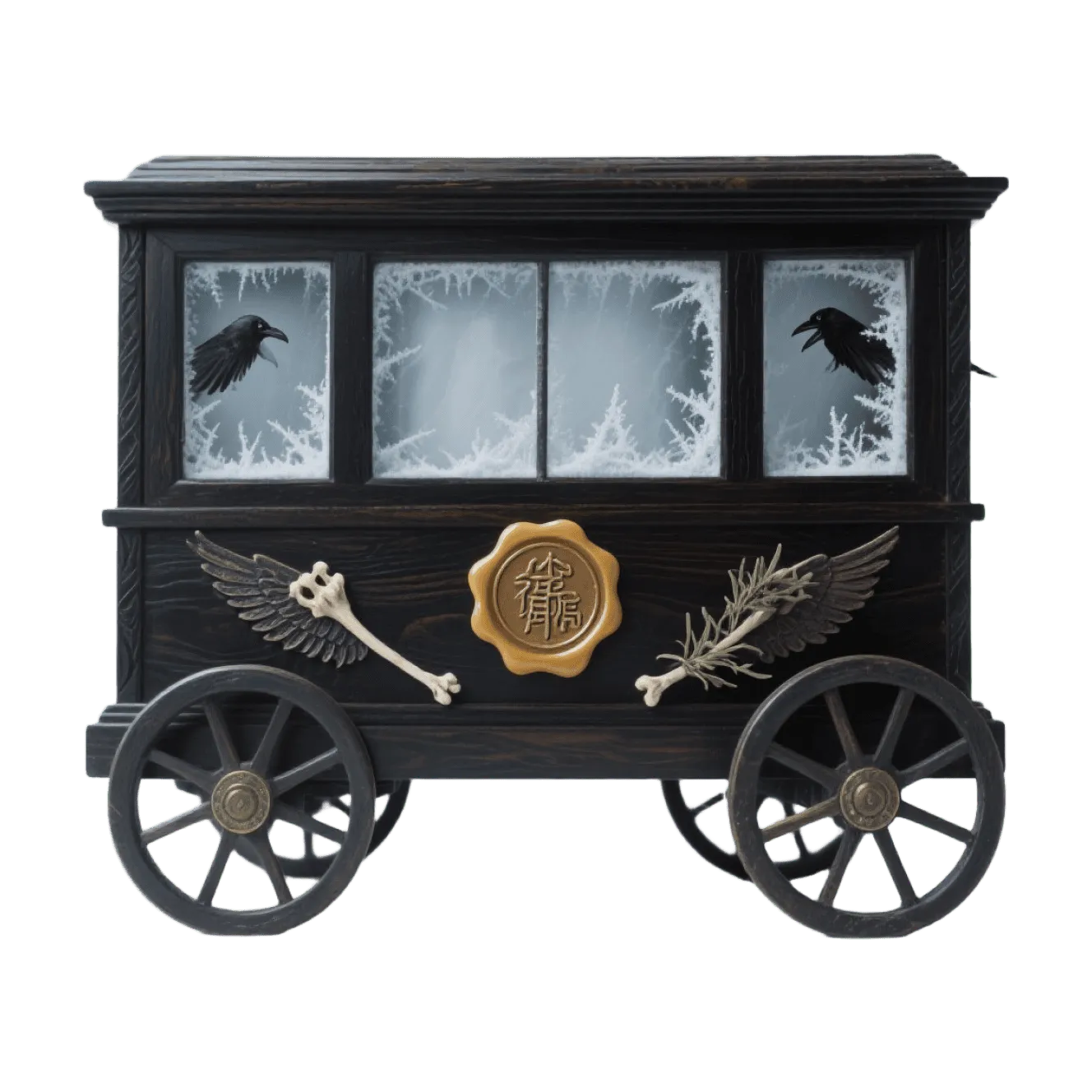 Gotischer Leichenwagen mit vereisten Fenstern, Raben, Knochenflügeln und Wachssiegel