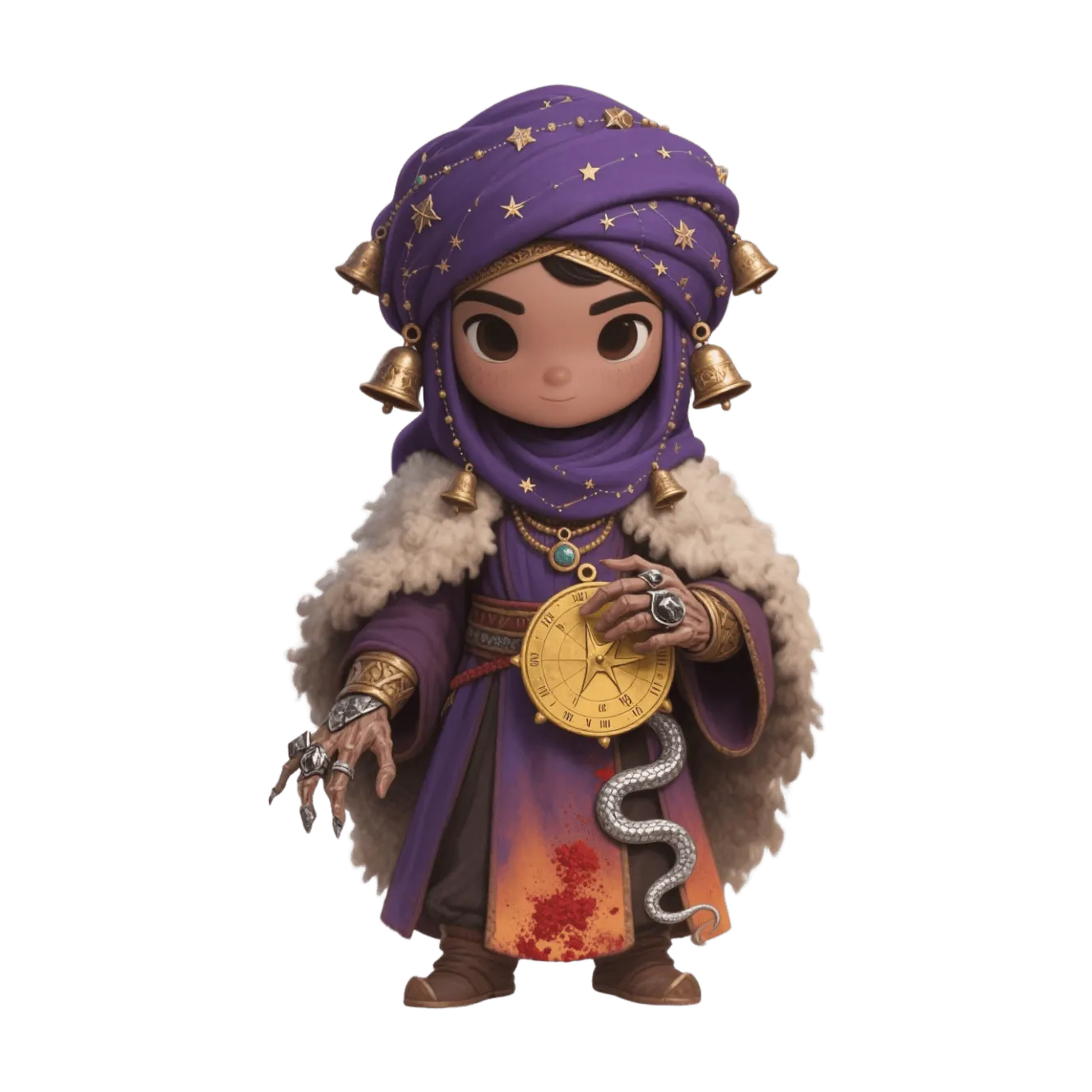 Chibi věštec, fialový turban s hvězdami, zlatý astroláb, stříbrný had