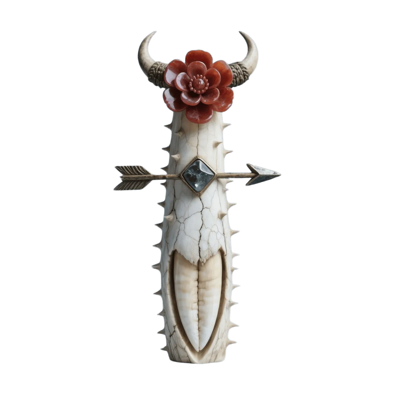 Totemskulptur aus Knochen mit Blumenhörnern, Pfeil durch einen Edelstein und Tribal-Stil