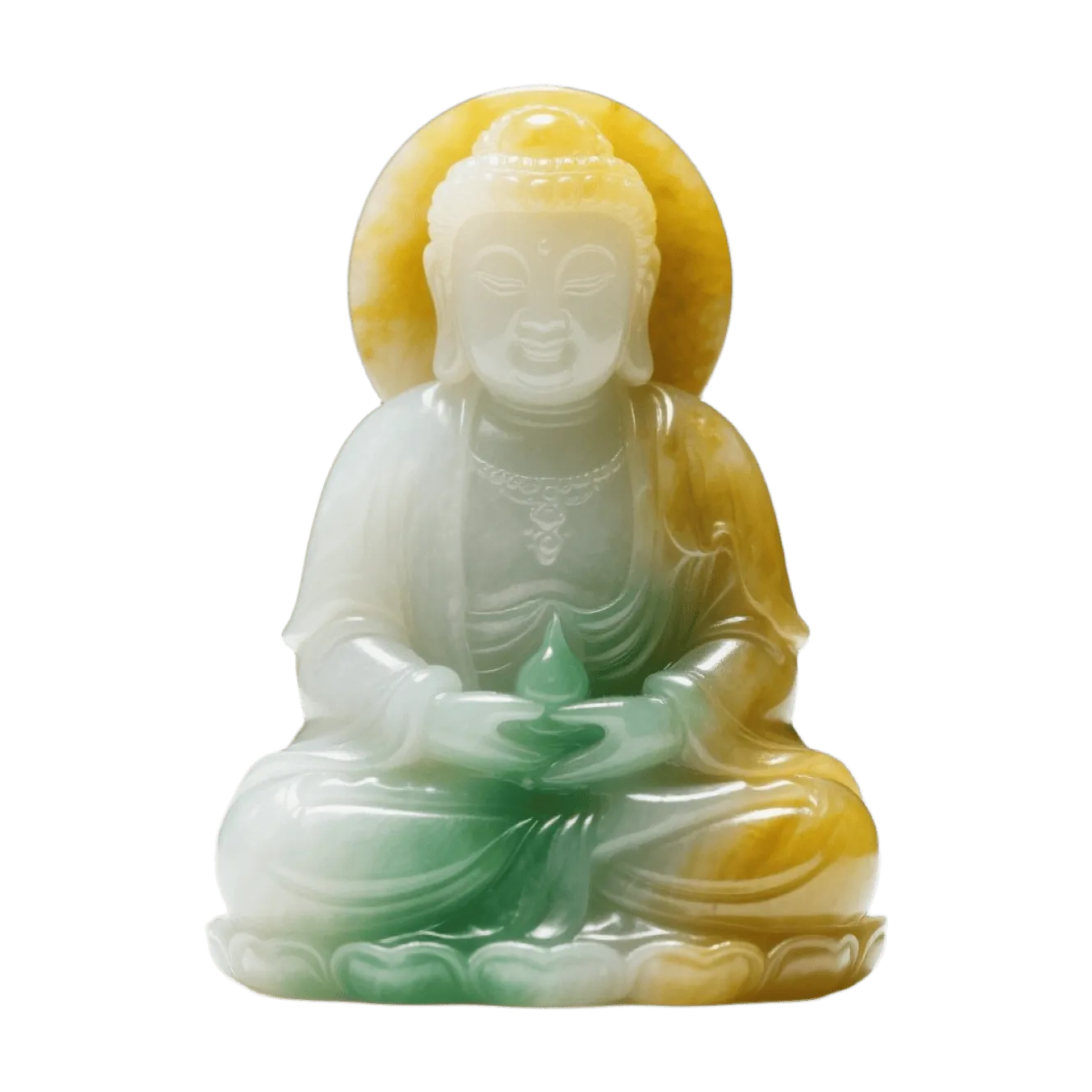 Socha Buddhy z nefritu, meditační pozice, zelenožlutý přechod, průsvitné provedení