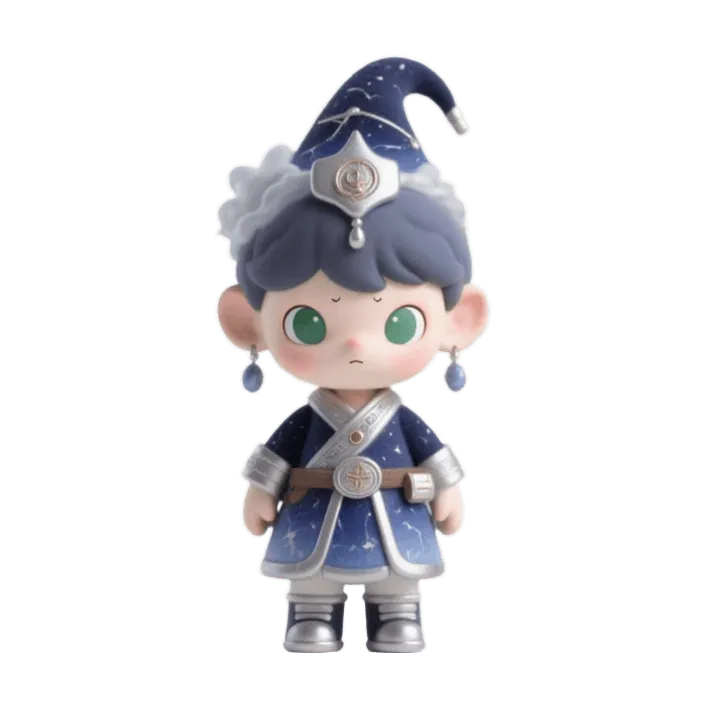 Giovane mago celeste chibi, cappello blu notte stellato, veste con bordi d’argento
