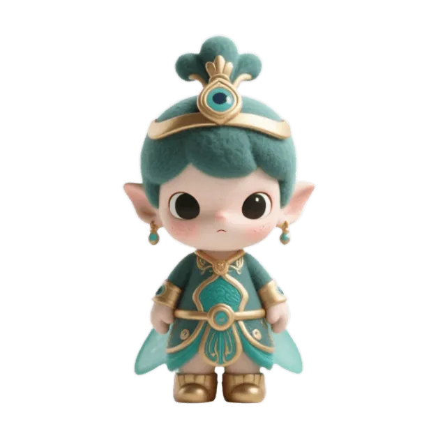 Folletto elfico chibi, capelli color ottanio raccolti in uno chignon, ornamenti dorati a forma di pavone, orecchie a punta