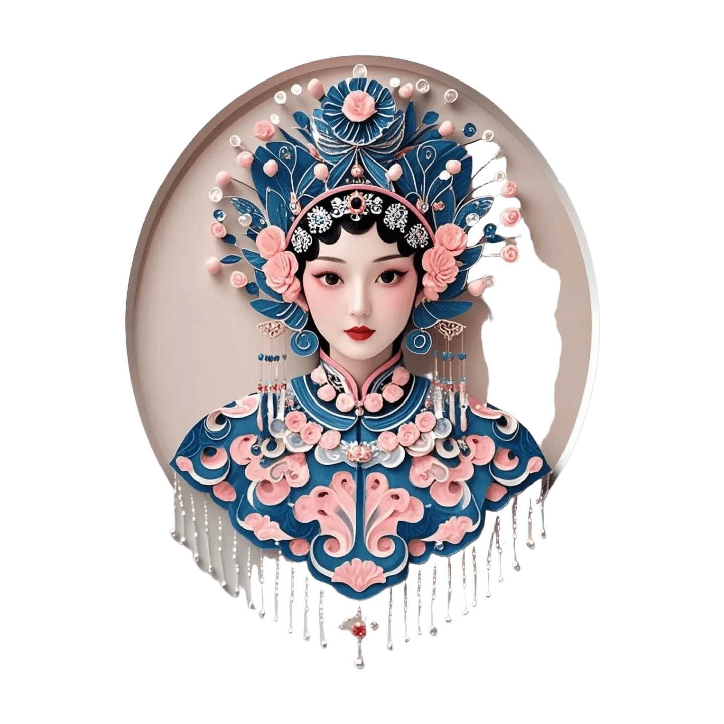 Büste einer chinesischen Opernschauspielerin mit blau-rosa Phönix-Kopfschmuck, Perlenquasten und Medaillonrelief