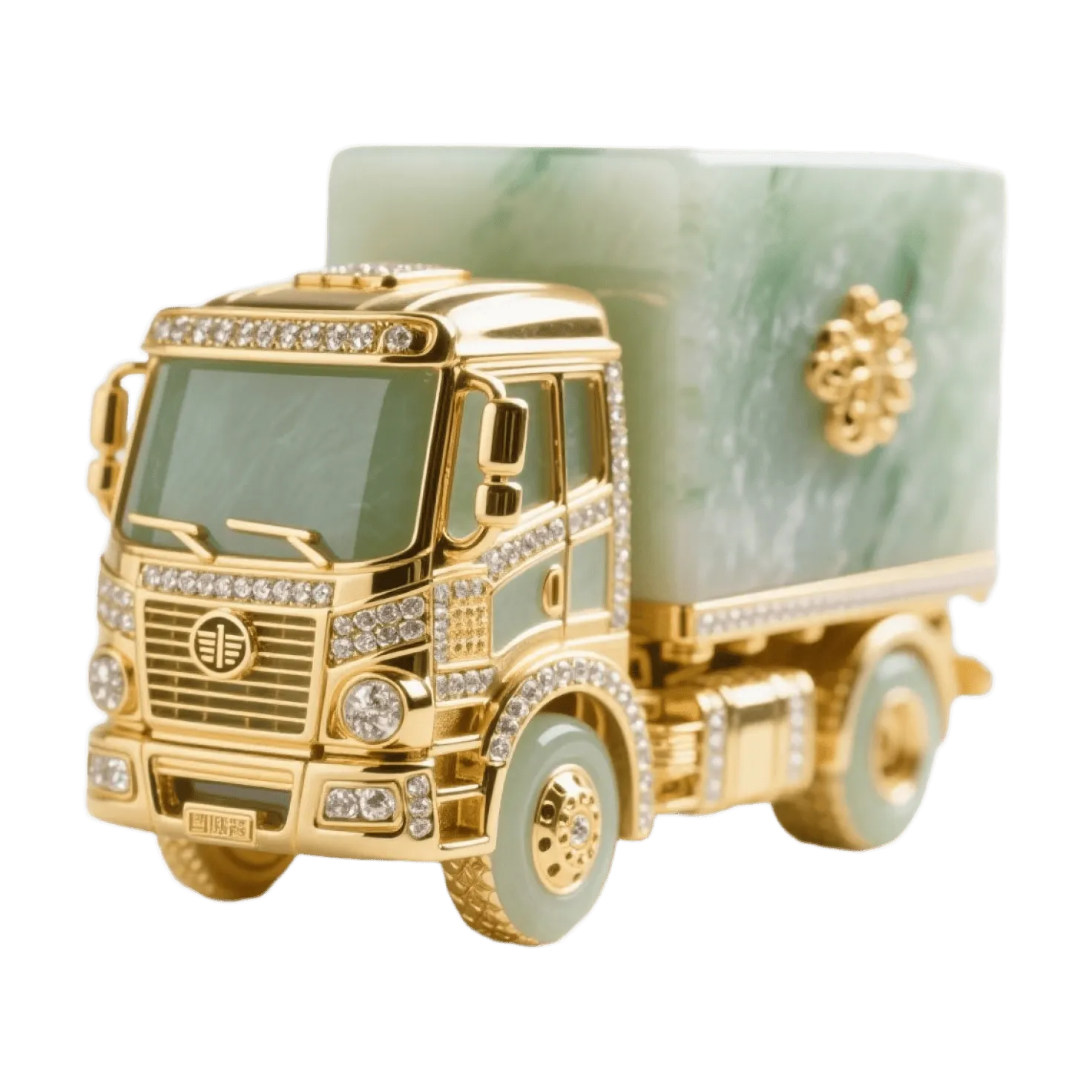 Luxuriöses goldenes Lkw-Modell mit diamantbesetzter Fahrerkabine und Jade-Ladecontainer