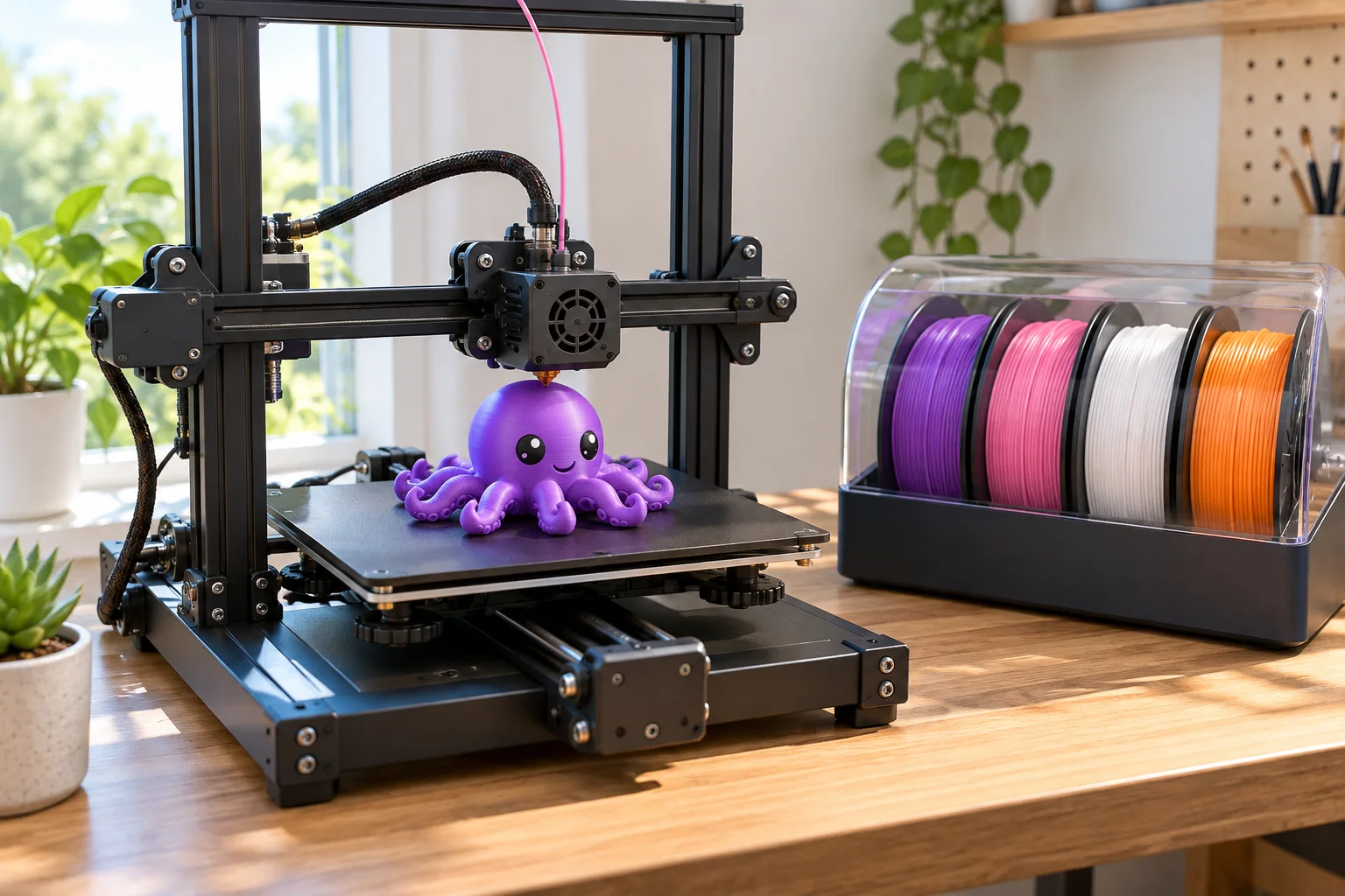 Stampante FDM con box per quattro bobine di filamento che stampa un polpo multicolore
