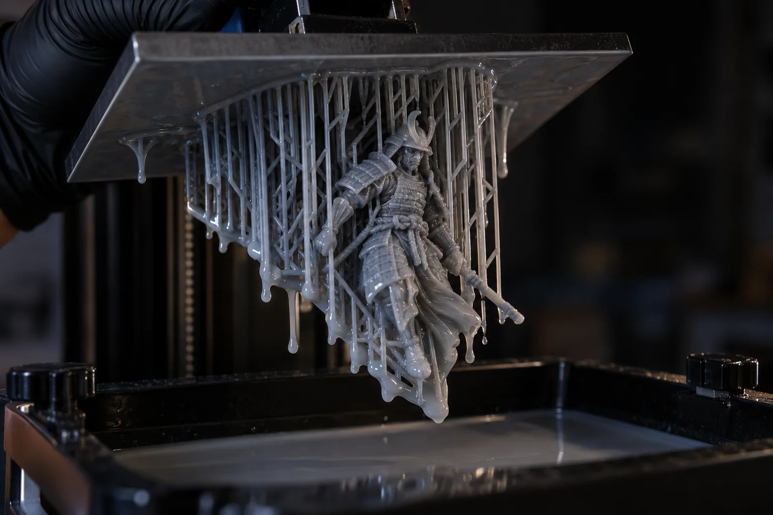 Piano di stampa in resina con una figura di samurai sui supporti, subito dopo la stampa