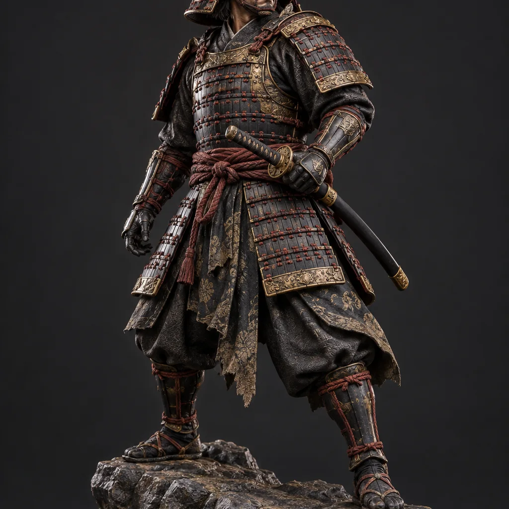 Figura di guerriero samurai in armatura lamellare, generata per una stampante a resina
