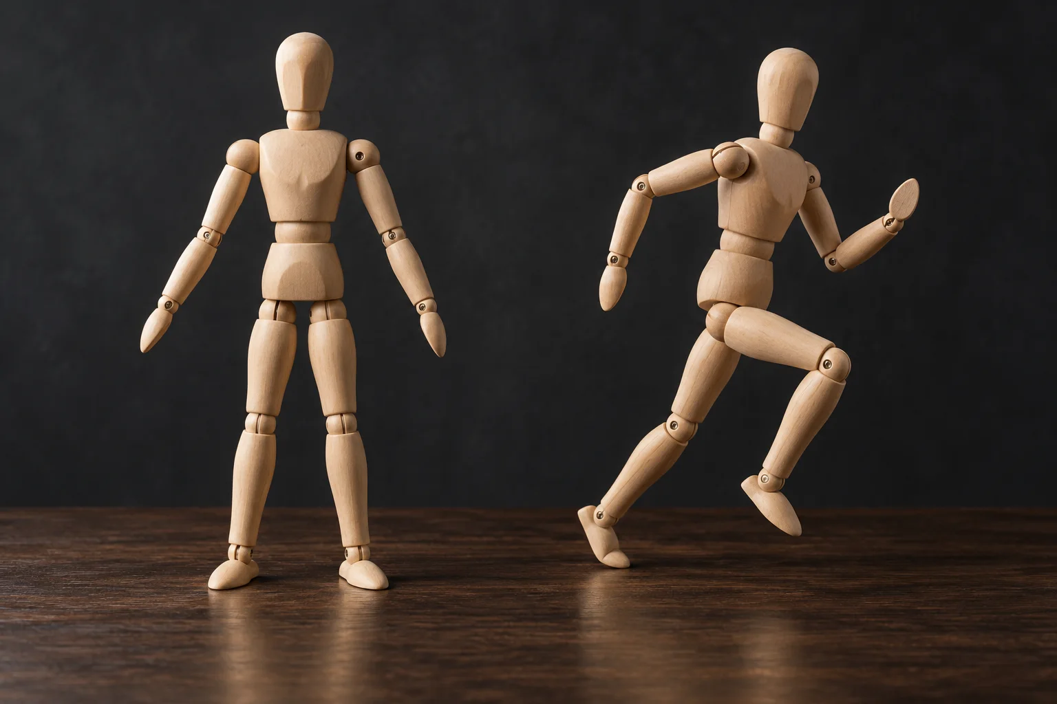 The same figure in a neutral A-pose and in an action pose