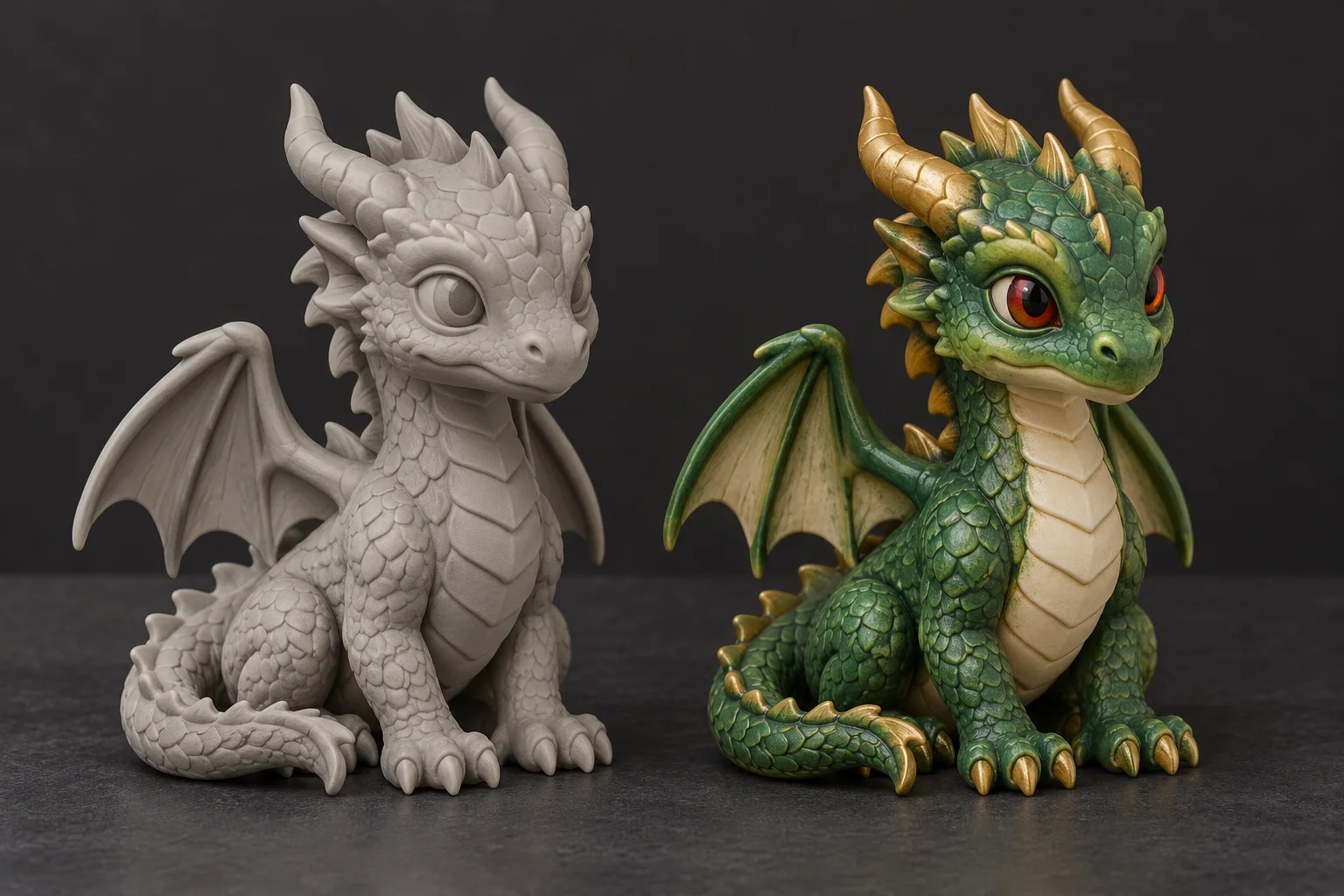 The same figurine as untextured gray geometry and with its AI texture painted on