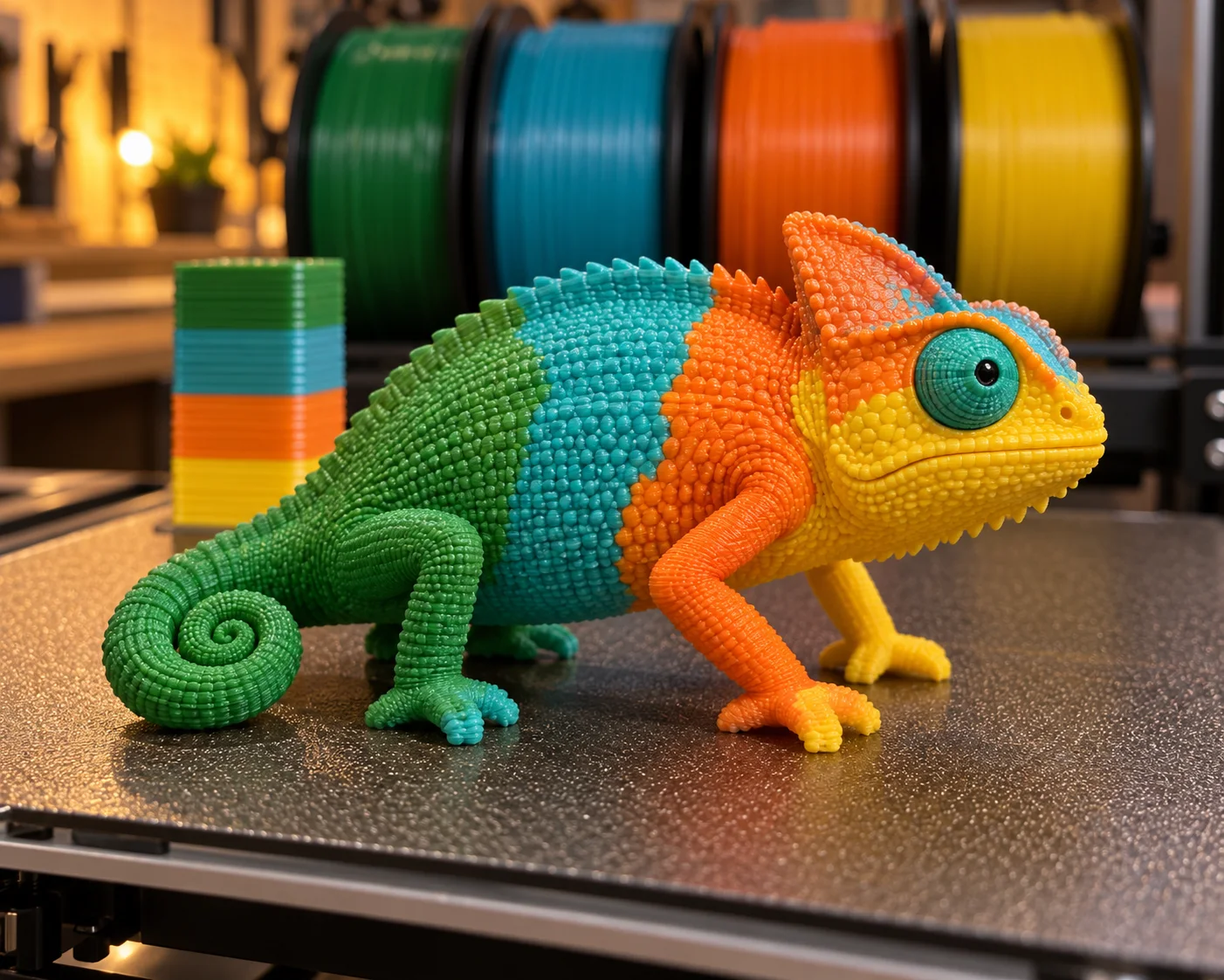 Detailní čtyřbarevný tisk figurky chameleona na tiskové podložce