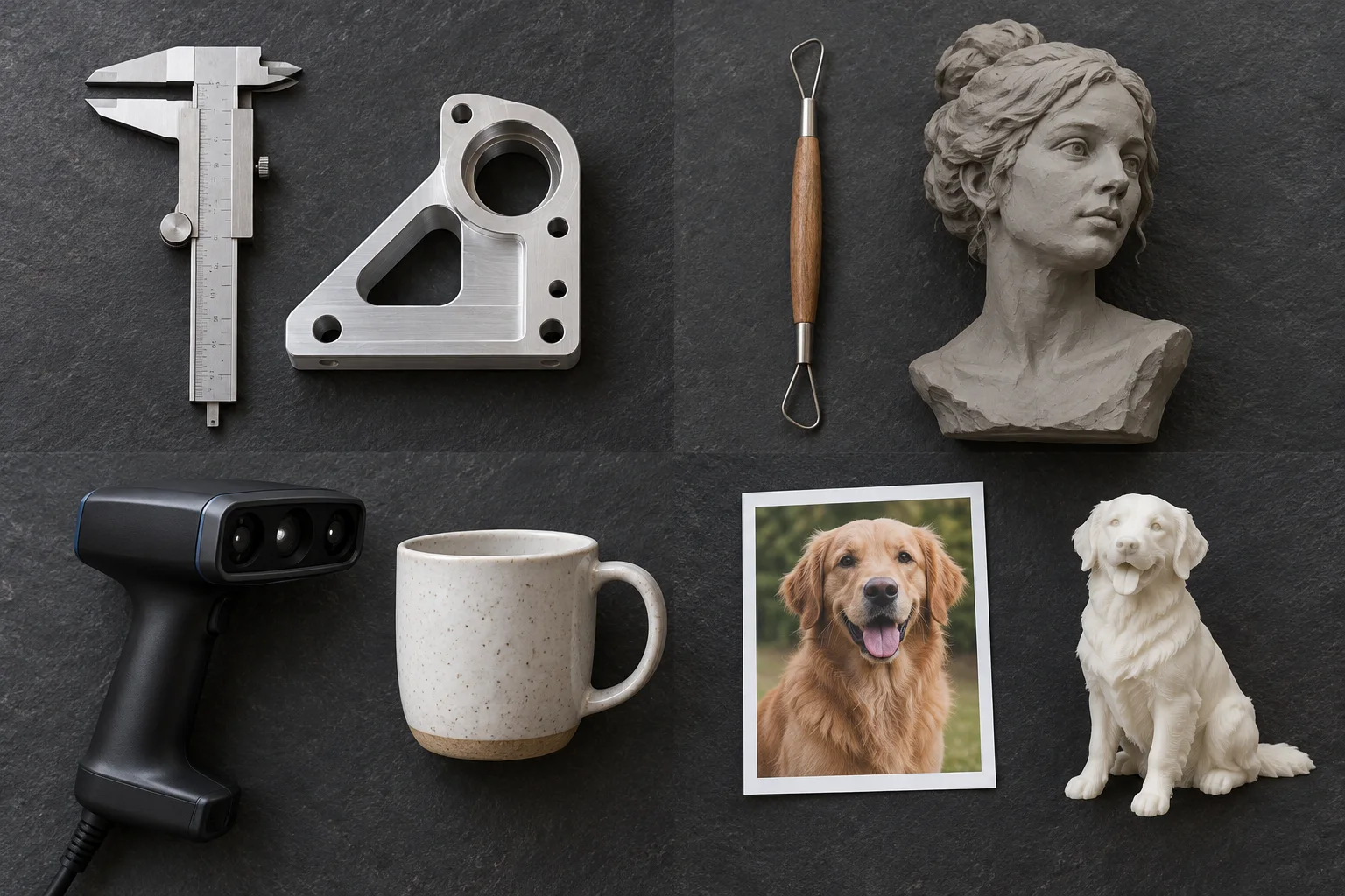 Čtyři zdroje modelů pro 3D tisk: CAD díl, skulptura, 3D sken a fotografie převedená na figurku