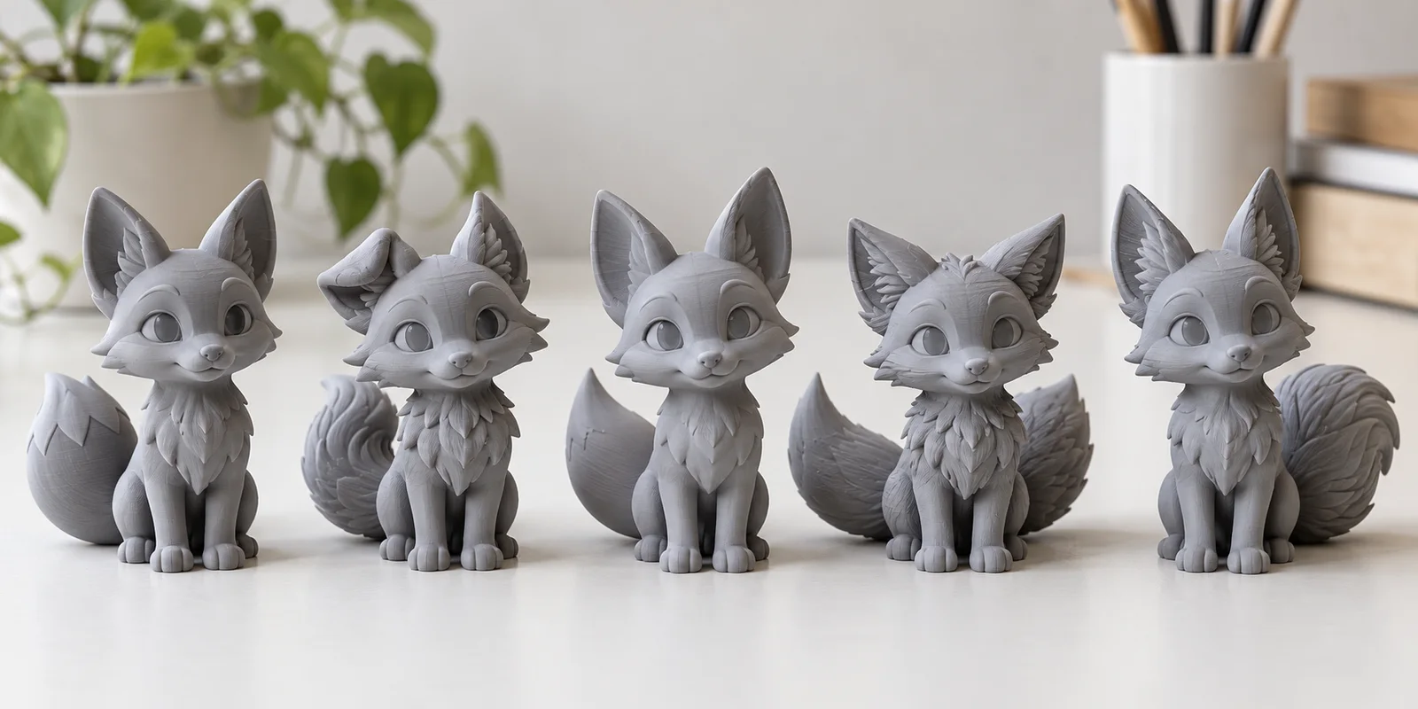 Lima versi cetak 3D dari figur rubah yang sama, menunjukkan perbedaan antar-engine AI