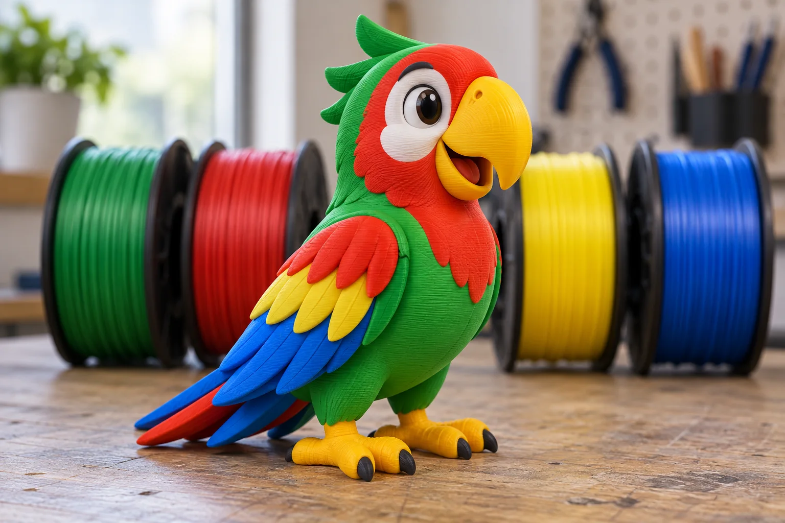 Mehrfarbige Papageienfigur, gedruckt aus einer 3MF-Datei mit vier Farben