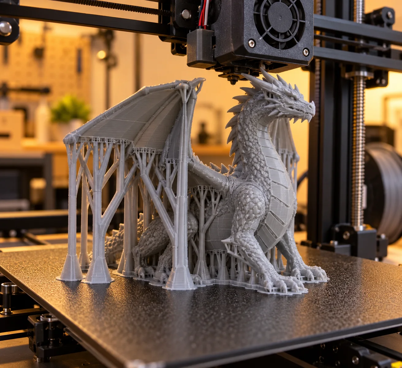 KI-generierte Drachenfigur mit Baumstützen auf einem FDM-Drucker