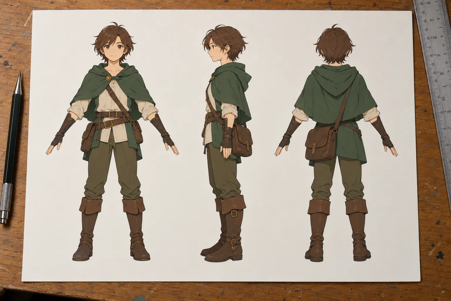 A character turnaround sheet with front, side and back views of the same character