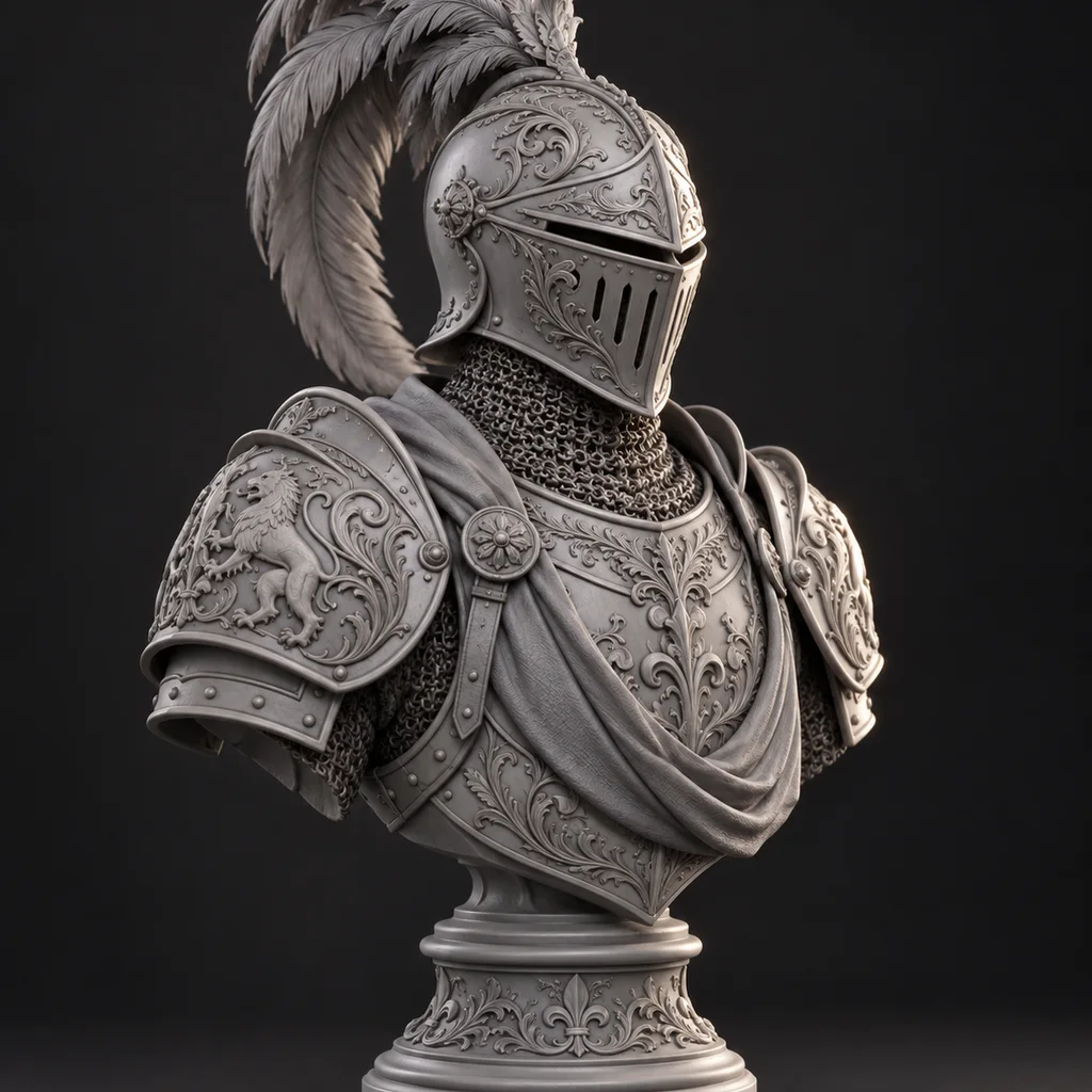 Fantasy busta rytíře s rytinami na přilbě, detailní model pro tisk z pryskyřice