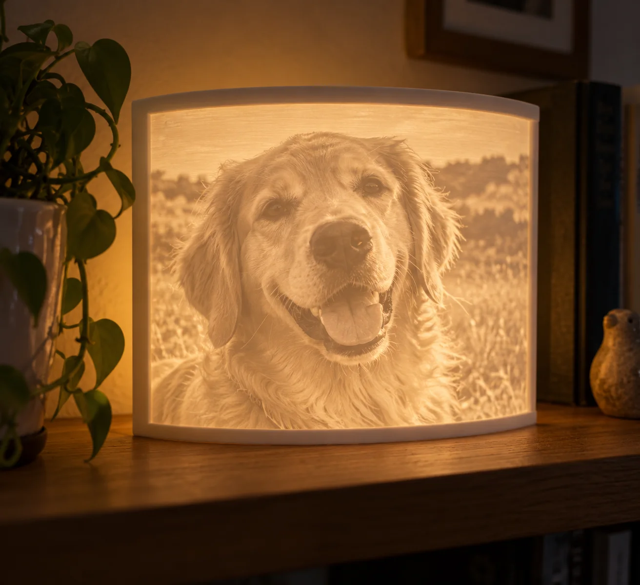 Lithophane dengan cahaya dari belakang, dibuat dari foto anjing 2D