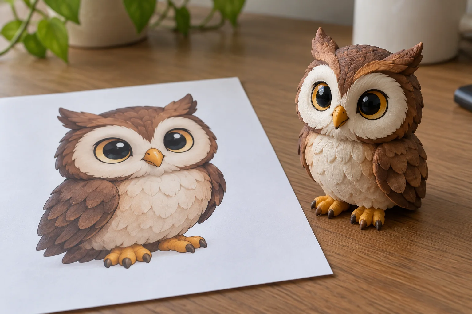 猫头鹰画作与据此制作的 3D 打印摆件并列展示