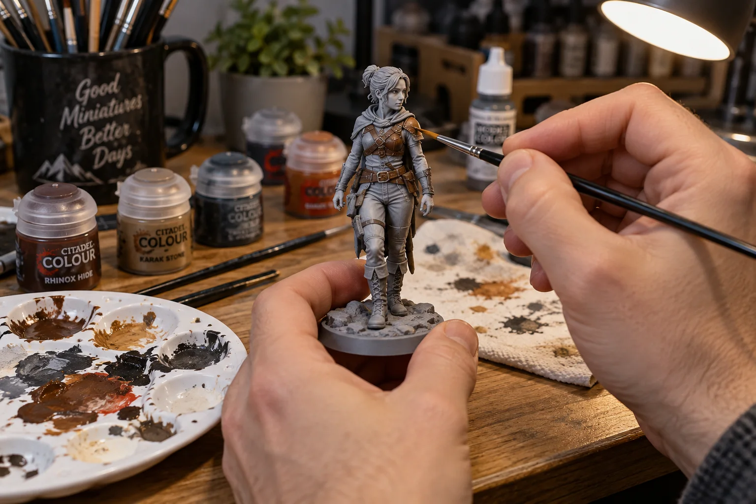Malování opatřené 3D tištěné figurky akrylovými barvami u hobby stolu