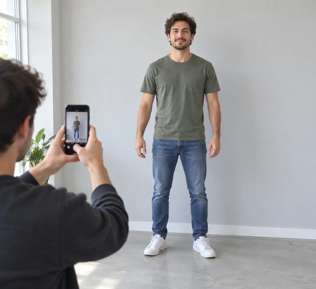 Pořizování referenční fotografie celé postavy před obyčejnou stěnou pro vytvoření figurky