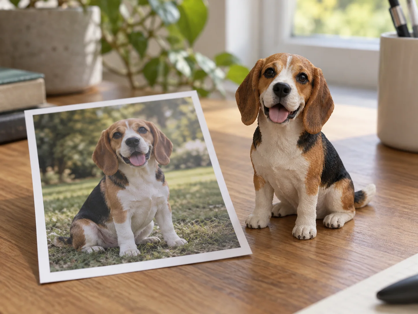 Ảnh một chú chó beagle bên cạnh mô hình in 3D được tạo từ ảnh đó