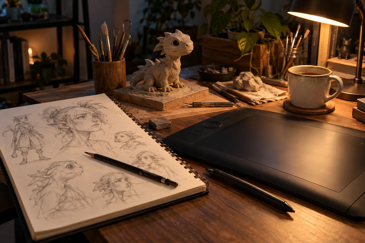 Scrivania di un artista 3D con schizzi e una scultura in argilla, per mostrare il lavoro dietro un modello personalizzato