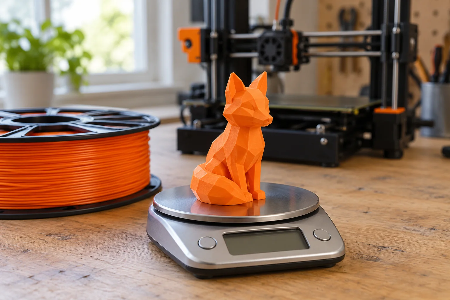 Statuetta stampata in 3D su una bilancia accanto a una bobina di filamento, per stimare il costo di stampa