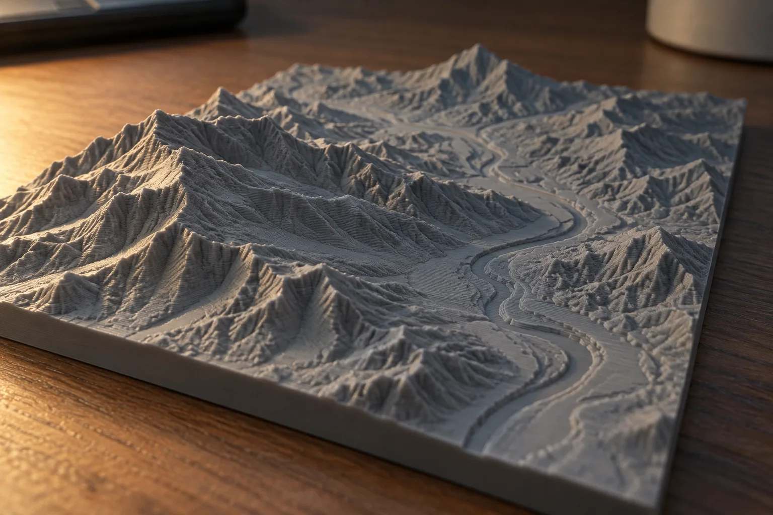 Rilievo del terreno stampato in 3D da una heightmap, illuminato lateralmente