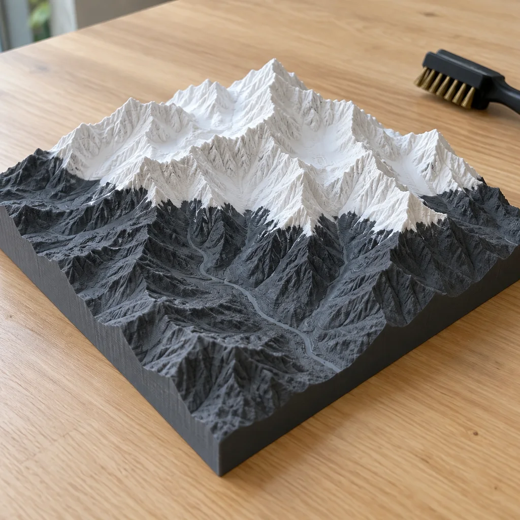 Rilievo montuoso stampato in 3D a due colori, con vette bianche ottenute cambiando filamento