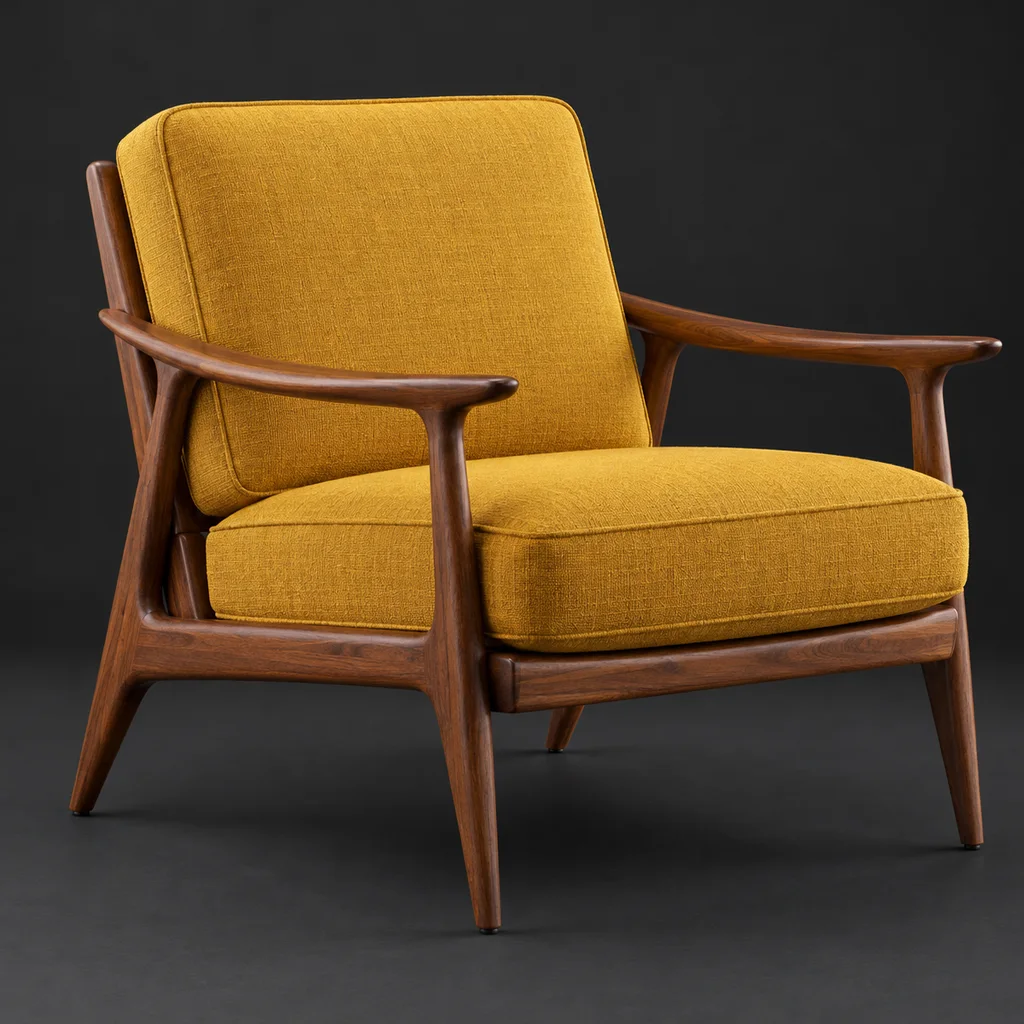 เก้าอี้นวมสไตล์ mid-century สร้างเป็นโมเดล 3D จากภาพในแค็ตตาล็อก