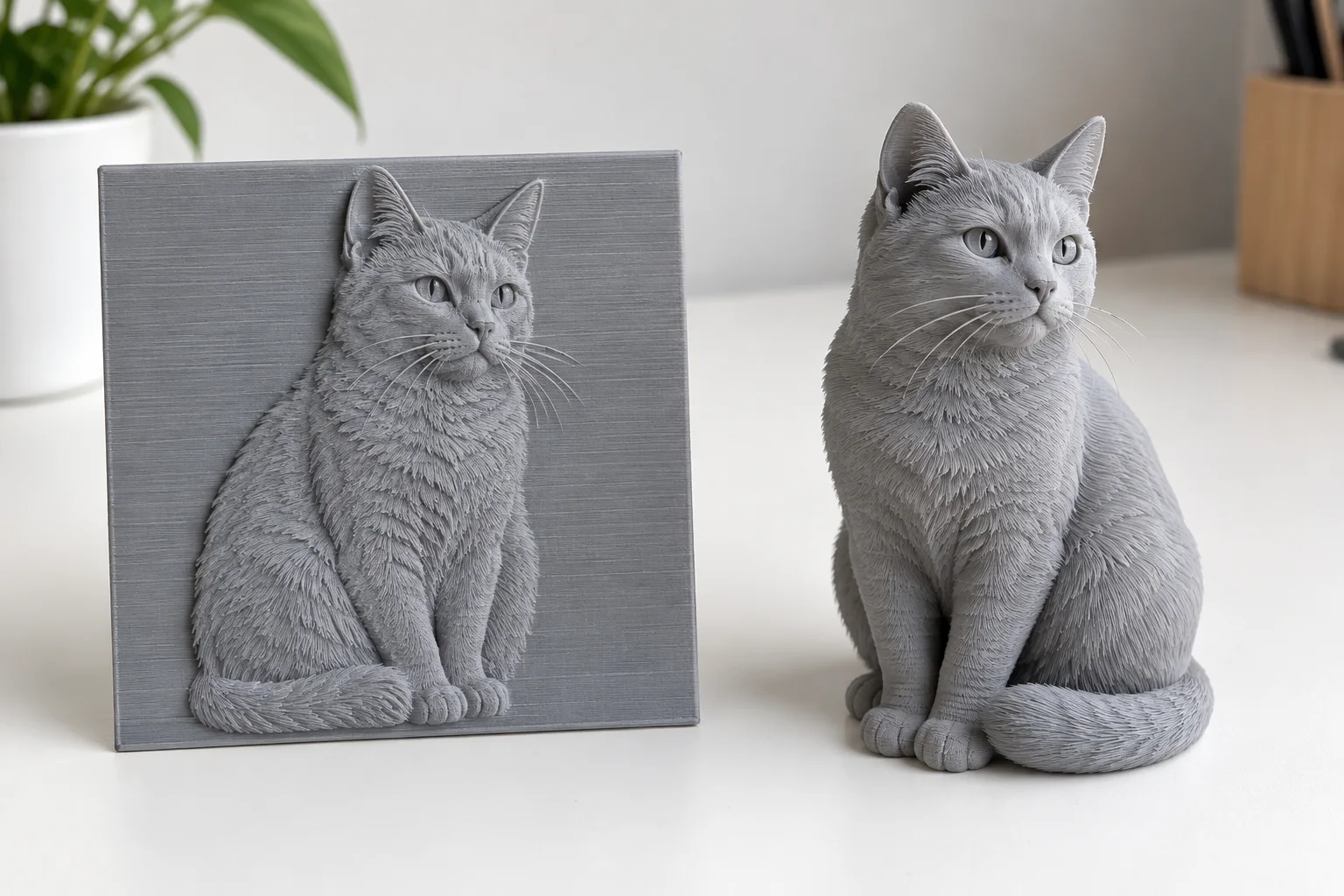 งานพิมพ์ลายนูนแบบแบนและฟิกเกอร์ 3D เต็มรูปแบบที่สร้างจากภาพเดียวกัน