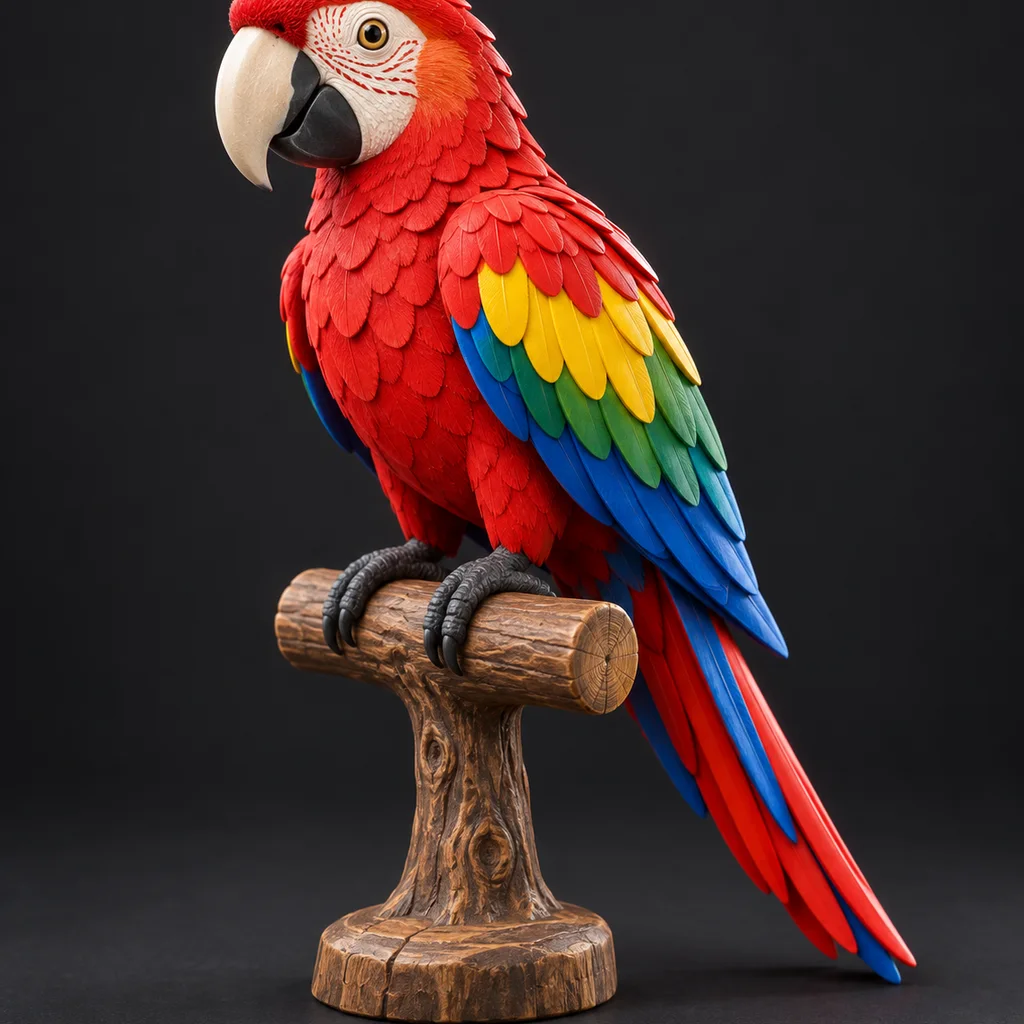 ฟิกเกอร์นกแก้วมาคอว์ที่มีบล็อกสีเด่น 4 สี สร้างสำหรับพิมพ์ 3D หลายสี