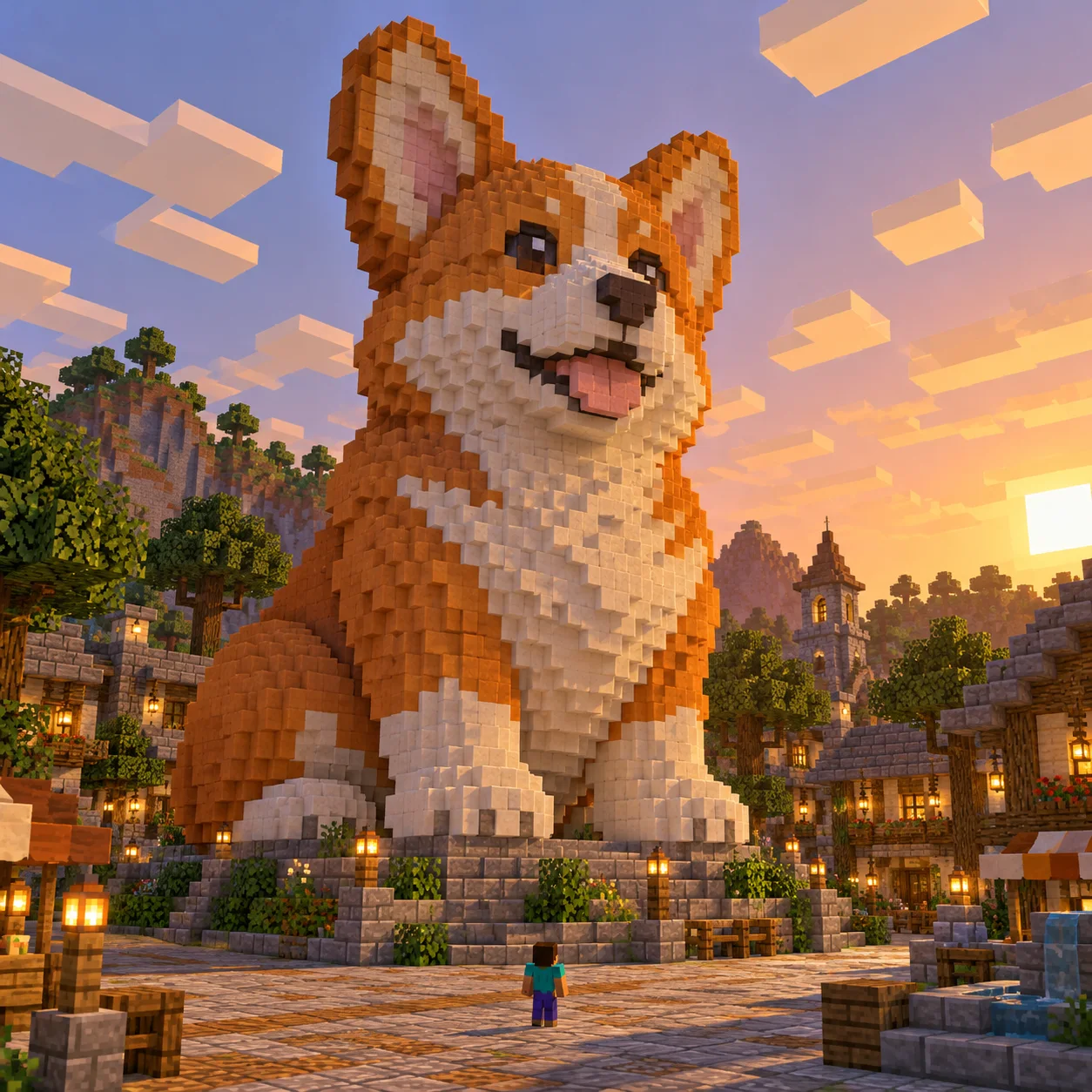 Grande statua a blocchi di un cane corgi nella piazza di un villaggio