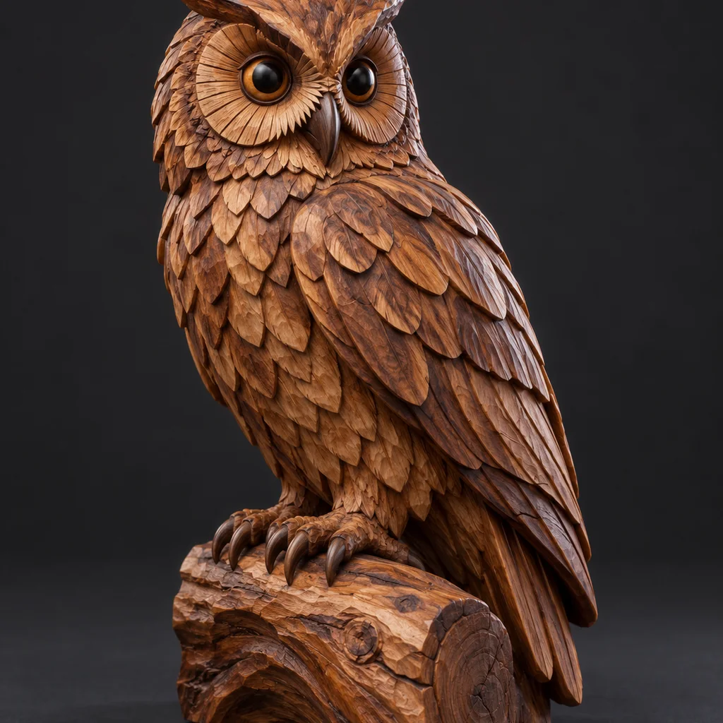 Statua di gufo in legno intagliato ricostruita come modello 3D in stile Hunyuan3D