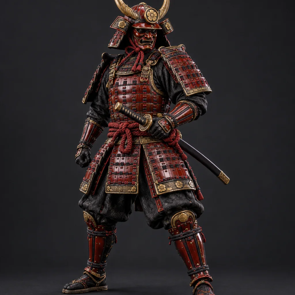 Statuetta di samurai corazzato generata come modello 3D dettagliato e texturizzato