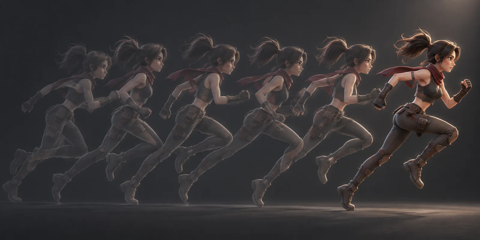 Cycle de course d’un personnage de jeu animé, représenté par des poses superposées