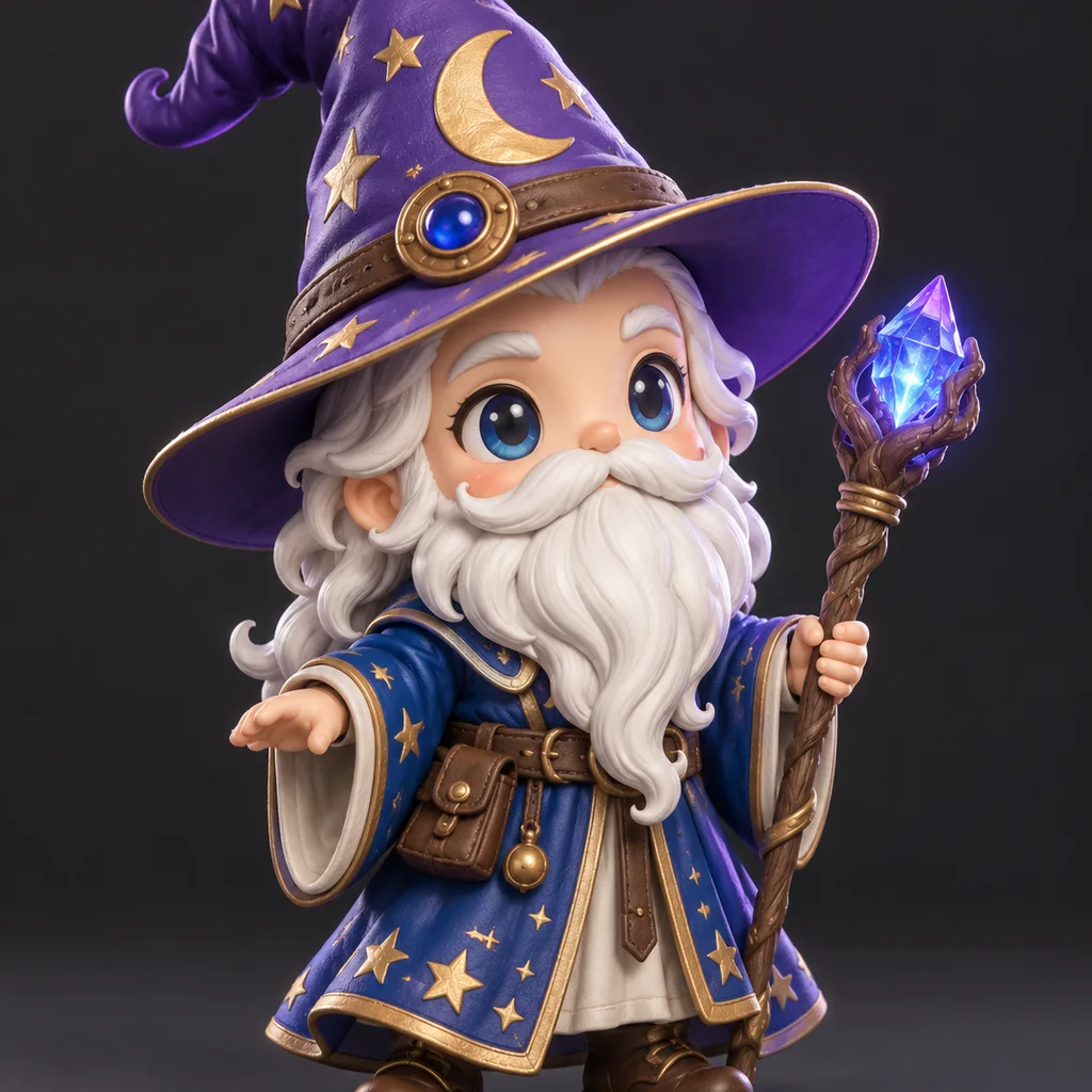 Statuetta di mago chibi generata come modello 3D stampabile