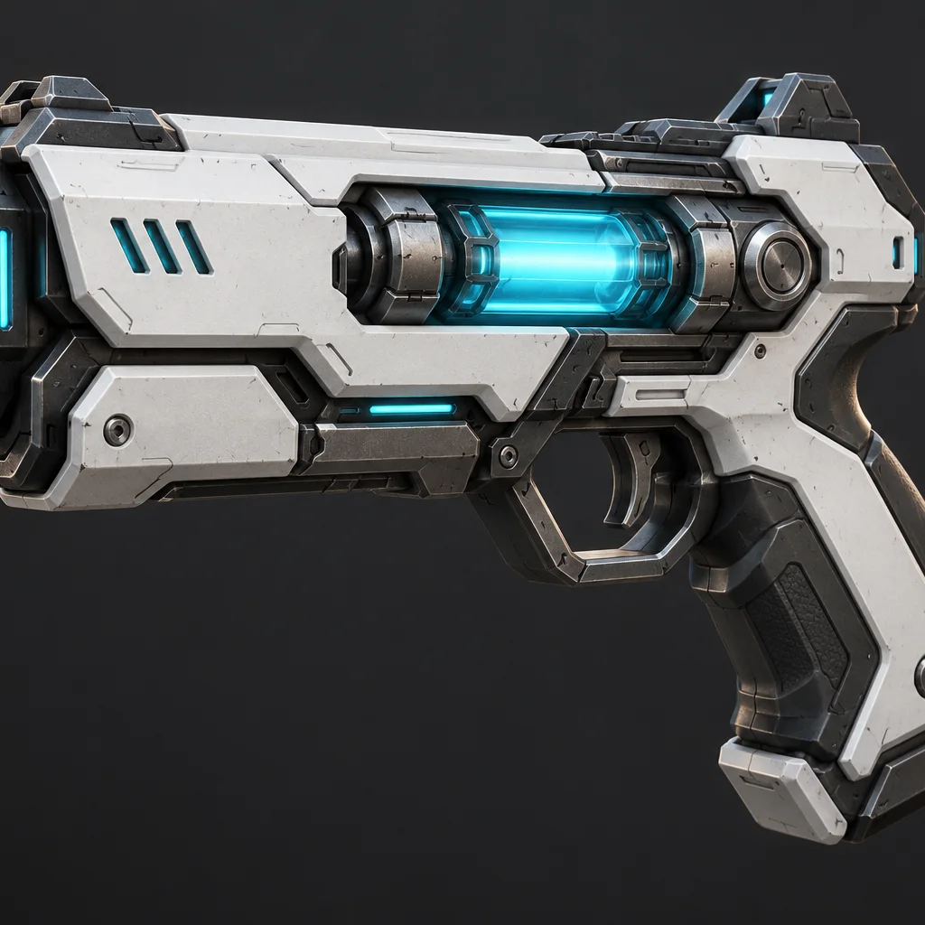 Pistola blaster fantascientifica generata come prop 3D hard-surface per videogiochi