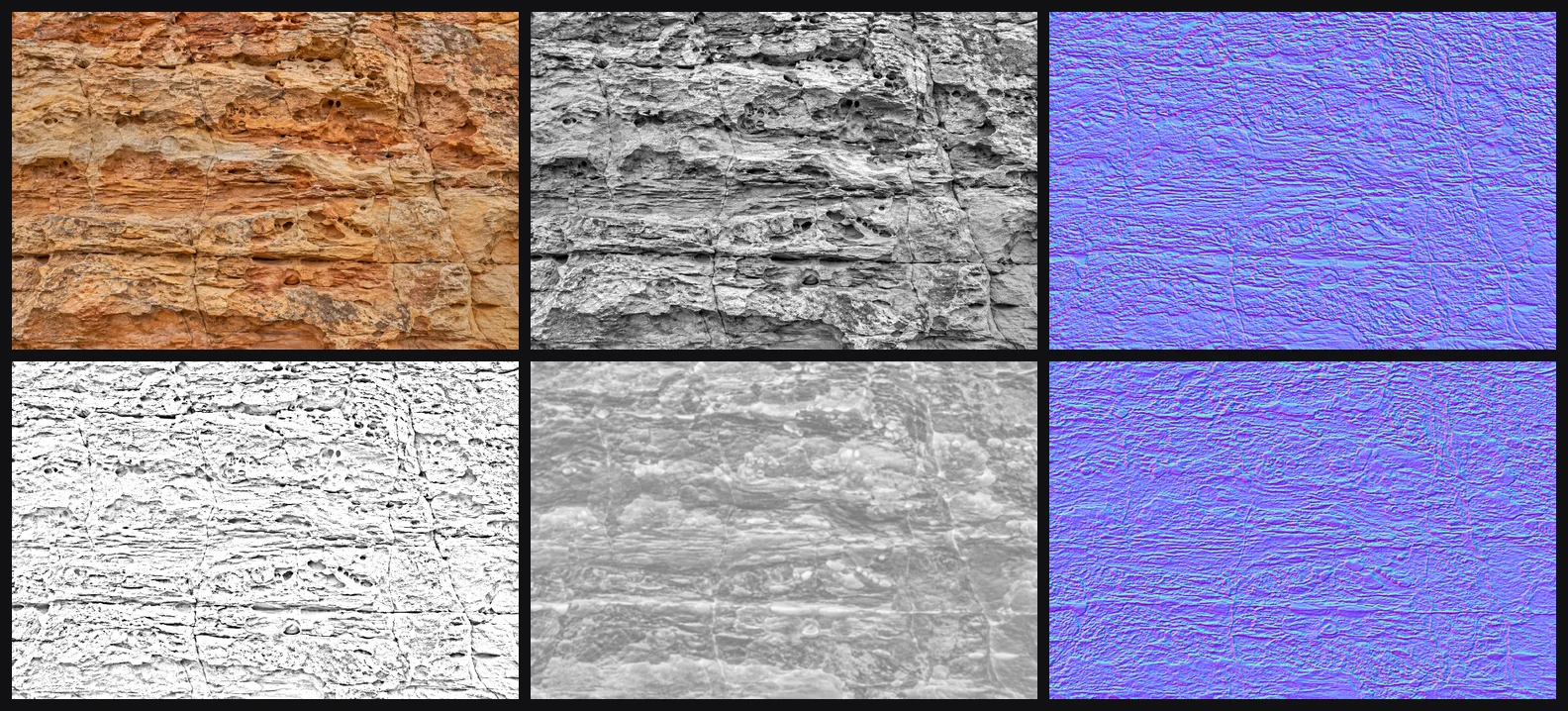 PBR maps made by the normal map generator from one sandstone photo: base color, height, OpenGL normal, ambient occlusion, roughness and DirectX normal