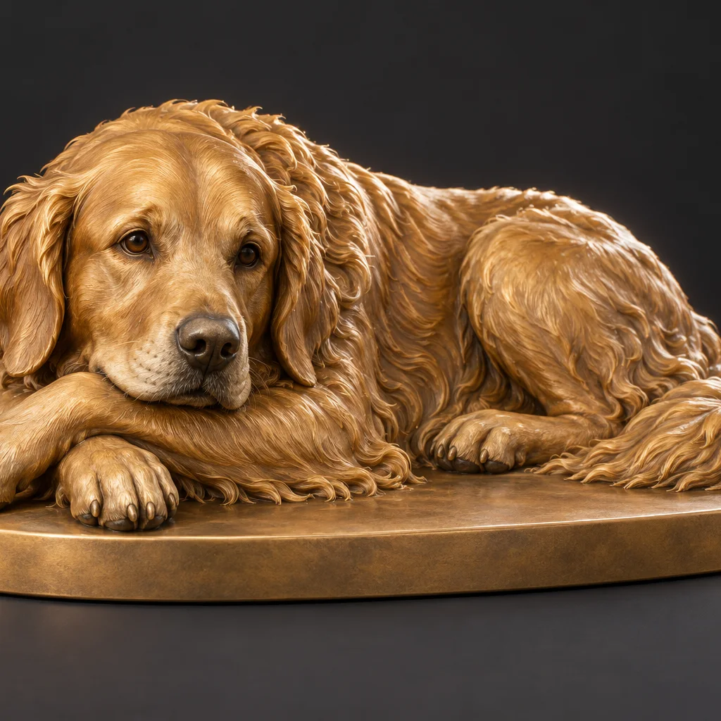 Pihenő golden retriever figura nyugodt pózban, emléktárgynak
