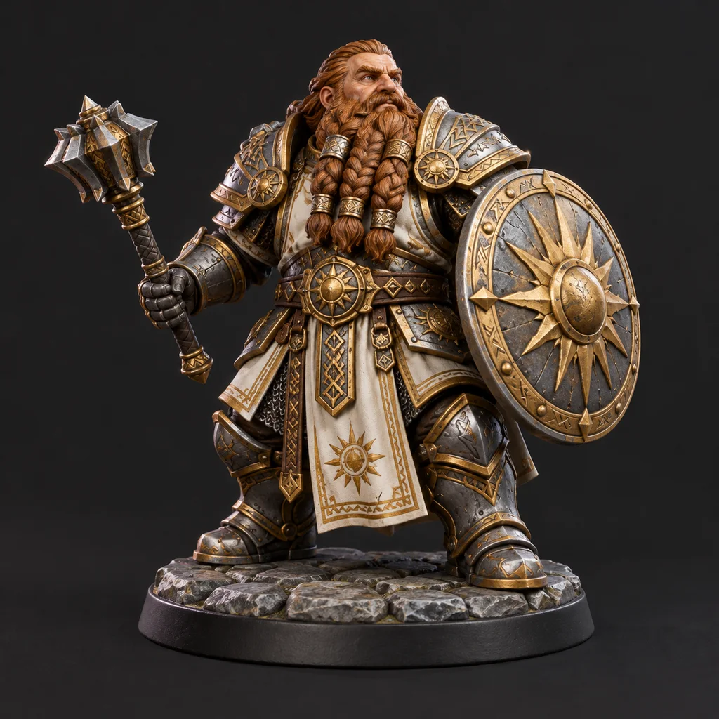 Zwergen-Klerikerminiatur mit geflochtenem Bart und Schild für einen 28 mm Resin-Druck
