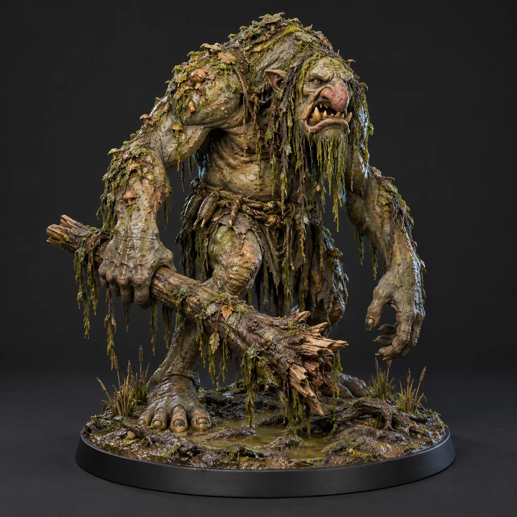 Sumpftroll-Monsterminiatur auf einem großen Sockel, aus einem Bild generiert