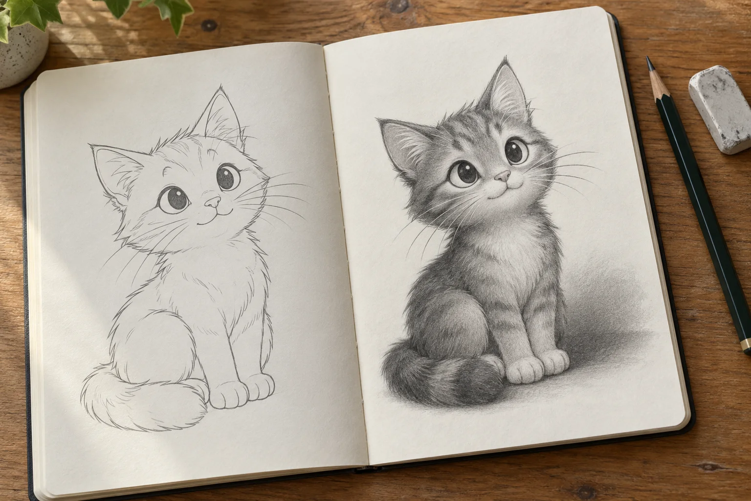 Gambar yang sama dalam versi line art sederhana dan sketsa berarsir