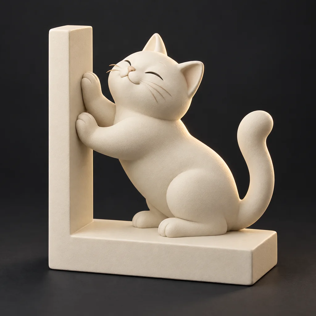 Modello 3D stampabile di fermalibri a forma di gatto, realizzato con un generatore AI di STL